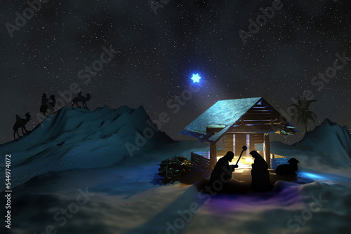 Christmas Nativity scene in Bethlehem with Baby Jesus in manger, Mary and Joseph and three Wise Men on camels. 3D render illustration.