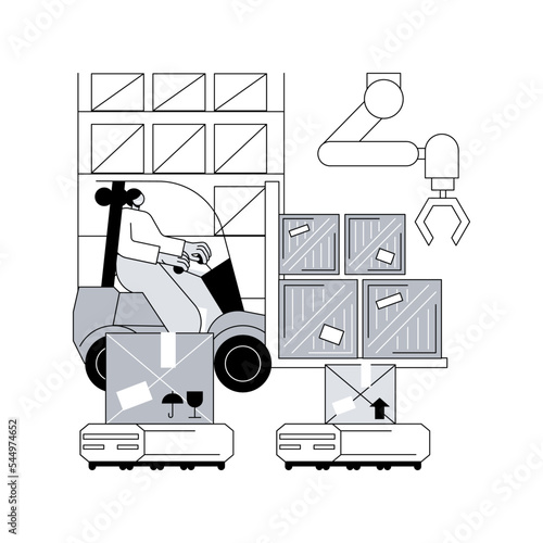 Warehouse robotization abstract concept vector illustration. Warehouse robotics engineering, self-driving forklifts, automatic mobile robot, goods storage, sorting parcels abstract metaphor.