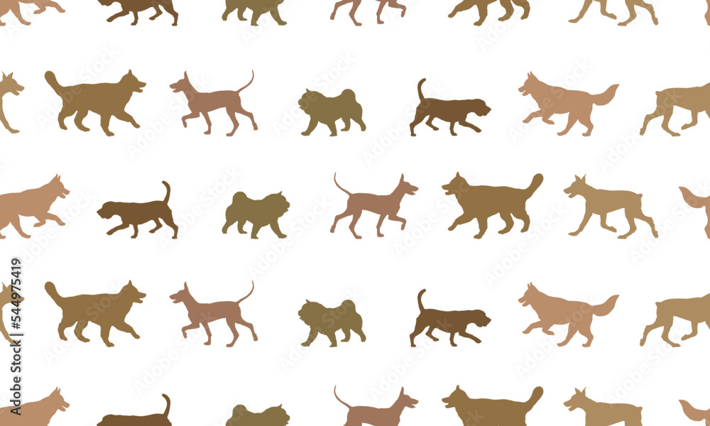 Seamless pattern. Dogs different breeds isolated on a white background. Endless texture. Design for fabric, decor, wallpaper, wrapping paper.