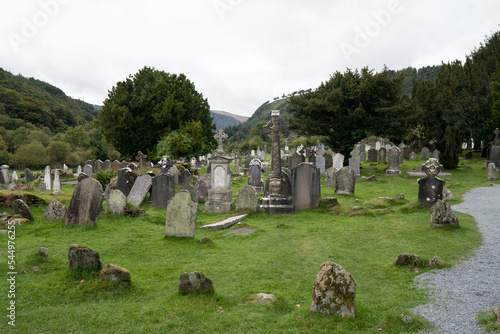 Monastic cemetery of Glendalough, Ireland. Ancient monastery in the wicklow mountains with a beautiful graveyard from the 11th century