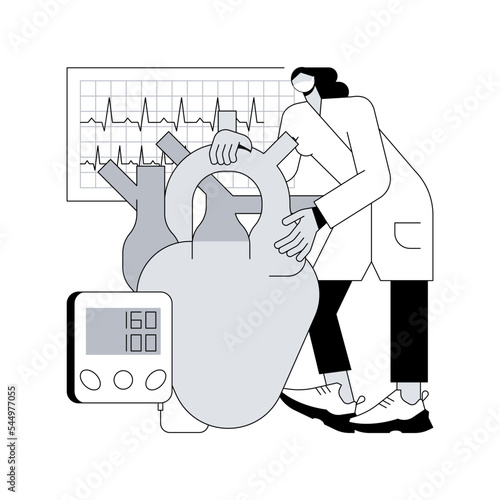Hypertension abstract concept vector illustration. Cardiological problem, high blood pressure, measuring device, cholesterol level diagnostic, hypertension cause, ambulance abstract metaphor.