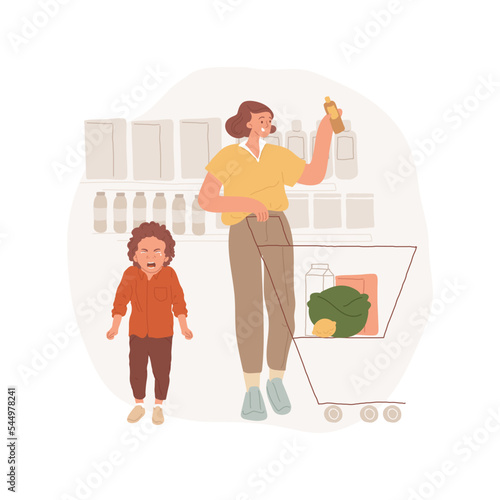 Tantrum at a store isolated cartoon vector illustration. Child crying at grocery store, screaming, mom ignores kids behavior, shopping with children, toddler tantrum in a shop vector cartoon.