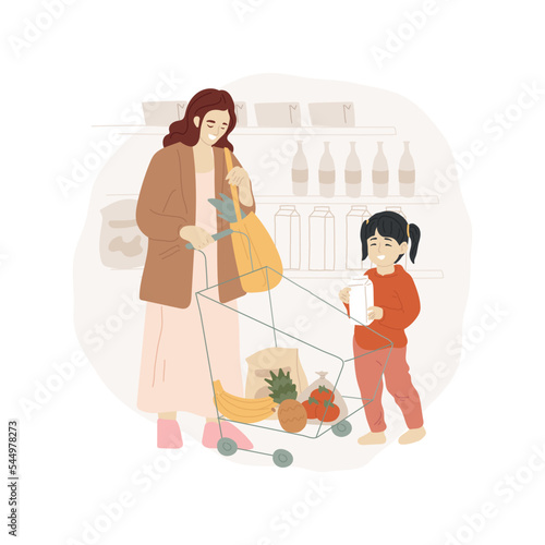 Kid helps shopping isolated cartoon vector illustration. Child puts goods in a cart, walking in supermarket, shopping with kid, toddler learning to help, buying grocery together vector cartoon.