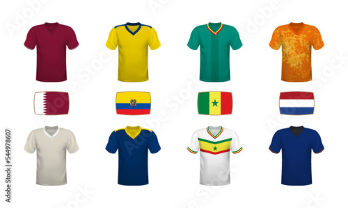 World football 2022 t-shirts, kits, jersey and flags collection. Group stage tournament with national flags and shirts of soccer teams.