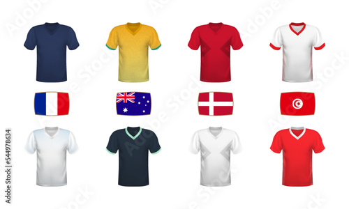 World football 2022 t-shirts, kits, jersey and flags collection. Group stage tournament with national flags and shirts of soccer teams.