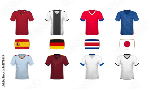 World football 2022 t-shirts, kits, jersey and flags collection. Group stage tournament with national flags and shirts of soccer teams.