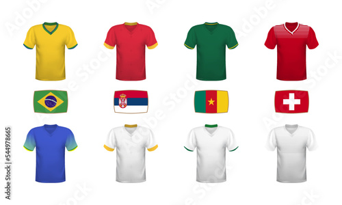 World football 2022 t-shirts, kits, jersey and flags collection. Group stage tournament with national flags and shirts of soccer teams.