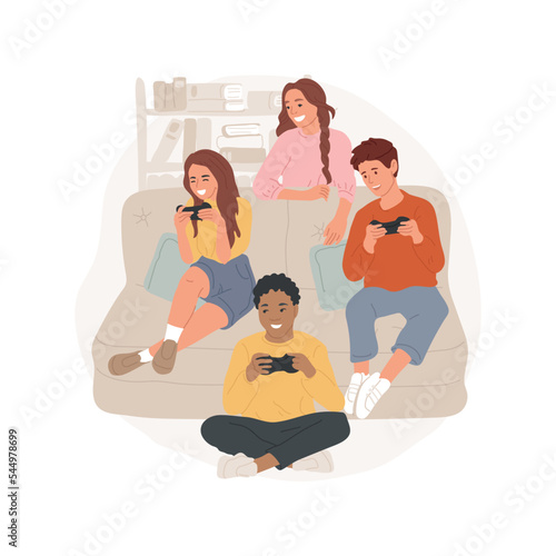 Campus life isolated cartoon vector illustration. Student independent life, private boarding school, teenagers playing computer game in a room, campus living, study together vector cartoon.