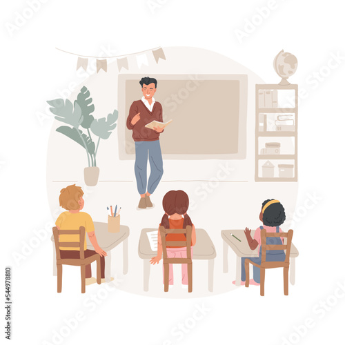 Storytelling isolated cartoon vector illustration. Teacher tells a story, storytelling lecture, Waldorf main lesson, children sit in a semicircle, wooden desks, natural design vector cartoon.