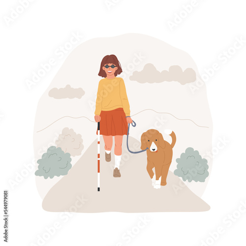 Guide dog isolated cartoon vector illustration. Seeing eye, mobility training class, visually impaired teenager walks with guide dog, assistance animal for blind children vector cartoon.