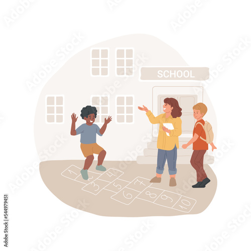 Recess isolated cartoon vector illustration. Leisure recess time, student life, school break, playtime outdoors, children jump playing hopscotch, education system, public school vector cartoon.