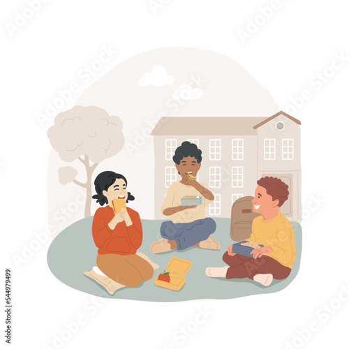 Lunch break isolated cartoon vector illustration. Group of children eating in the yard, lunch box from home, students sitting together outdoors, having snacks, school life vector cartoon.