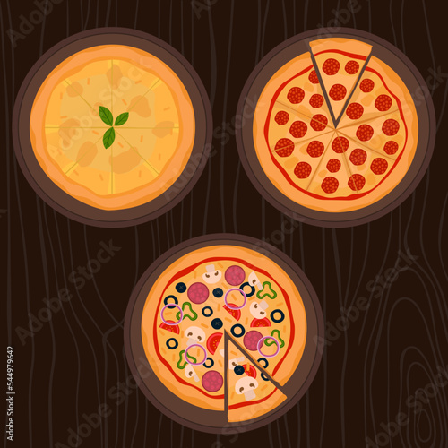 Tastes Of Pizza, Top View Of Cheese, Pepperoni and Assorted Pizza Vector Illustration In Flat Style