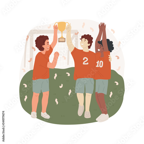 Winning a golden cup isolated cartoon vector illustration. Happy children holding a cup over head, winning golden bowl, celebrating tournament victory, school sport competition vector cartoon.