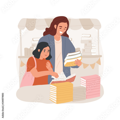 Back to school fair isolated cartoon vector illustration. Family choosing books at stall, education, back to school celebration, buying supplies at fair, beginning of study year vector cartoon.