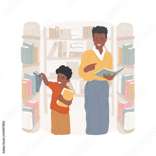 Get books in a library isolated cartoon vector illustration. Child with parents picking book from a library, school supplies, get ready for studies, learning material, education vector cartoon.