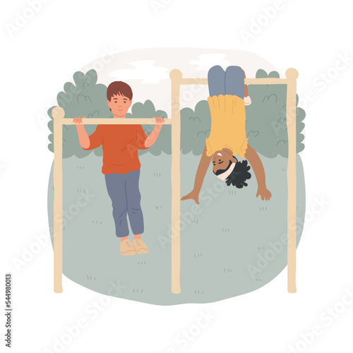 Horizontal bar isolated cartoon vector illustration. Kids have fun at horizontal bar, boy doing pull up, girl hanging upwards, outdoor playground, school recess, active children vector cartoon.