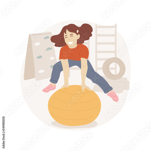 Fitness ball isolated cartoon vector illustration. Girl jumping on a fitness ball, indoor playground, free time at school, recess fun, physical exercise for kids, happy child vector cartoon.