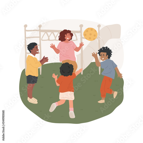 Throw and catch game isolated cartoon vector illustration. Children standing in circle, kids throwing ball to each other, playground activity, follow the rules, recess game vector cartoon.