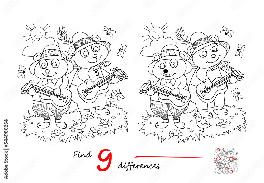 Find 9 differences. Illustration of cute bears playing on guitars