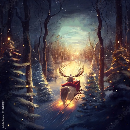 Tela Santa Claus is flying on his sleigh through a fabulous forest, a view from the b