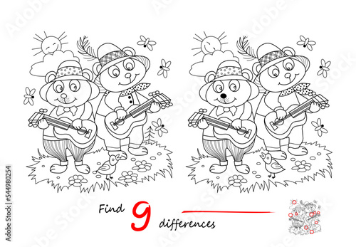 Find 9 differences. Illustration of cute bears playing on guitars. Logic puzzle game for children and adults. Page for kids brain teaser book. Developing counting skills. Vector drawing