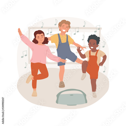 Freeze dance isolated cartoon vector illustration. Child balance on one leg, freeze when music stop, classroom game, singing song, education, teaching music in elementary school vector cartoon.
