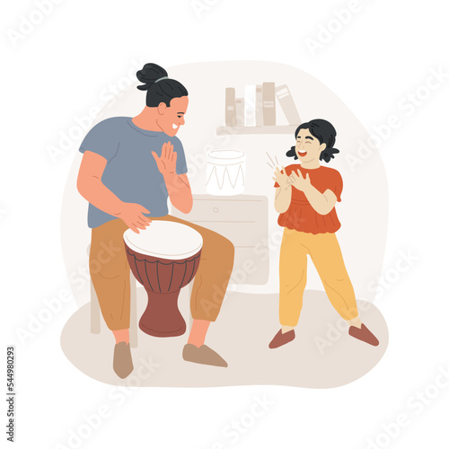 Rhythm imitation isolated cartoon vector illustration. Teacher plays rhythm on percussion instrument, child repeats clapping, reading written rhythmic figure, music imitation vector cartoon.