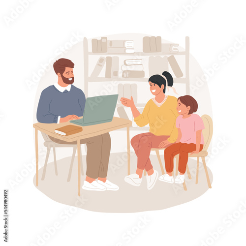 Parent-teacher interview isolated cartoon vector illustration. Parent and kid sit together at the table, discuss child academics, talking about achievement, interview at school vector cartoon.