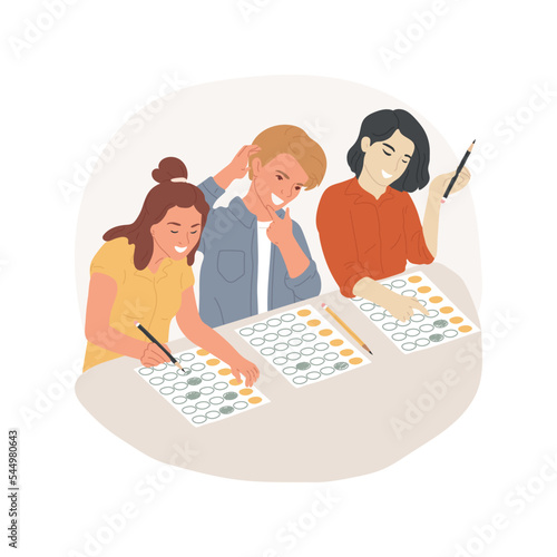 Standardized annual examination isolated cartoon vector illustration. Standardized exam preparation, college preparatory and scholarship testing, group of teenagers writing test vector cartoon.