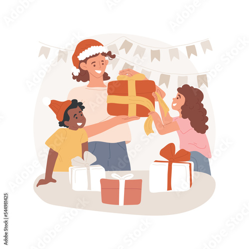 Gifts decoration isolated cartoon vector illustration. Smiling mother and kids wrapping gifts for xmas, happy winter holidays, Christmas time with family, festive days vector cartoon.