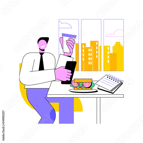 Busy lunch time isolated cartoon vector illustrations. Busy man working at business lunch, talking on the phone in a cafe, people lifestyle, eating out in restaurant alone vector cartoon.
