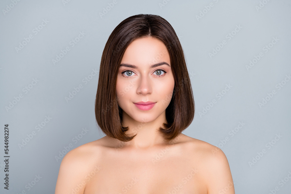 Portrait of perfect lady look good in camera after spa salon skin correction isolated over grey color background Portrait of perfect lady look good in camera after spa salon skin correction isolated over grey color background