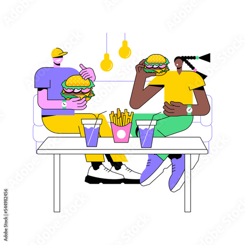 American cuisine isolated cartoon vector illustrations. Smiling couple having fun and eating out burgers and french fries in a cafe together, junk food addiction, hanging out vector cartoon.