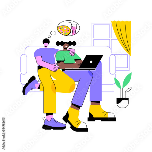Order food online isolated cartoon vector illustrations. Couple making products order with laptop, buying food and drinks online from restaurant, meal delivery process vector cartoon.