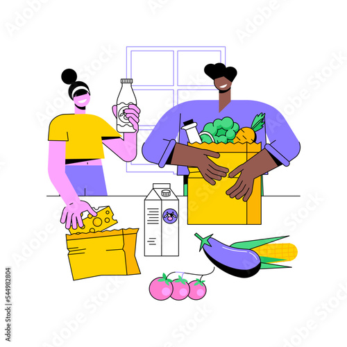 Unpacking grocery bags isolated cartoon vector illustrations. Happy couple unpacking grocery bags after returning from shopping, people lifestyle, buying food and drinks vector cartoon.
