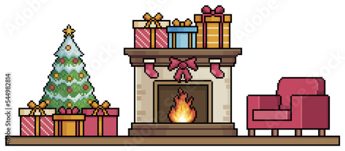 Pixel art fireplace, christmas tree, gifts and armchair background vector for 8 bit game
