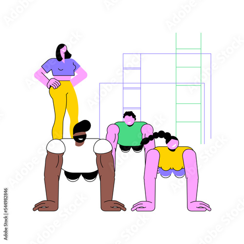 Training group isolated cartoon vector illustrations. Group of young muscular people have street workout with a fitness instructor, bodybuilding motivation, fitness activity vector cartoon.