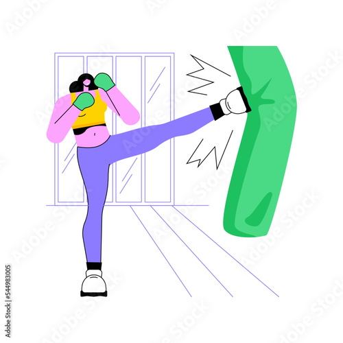 Practice blows isolated cartoon vector illustrations. Young sporty girl practices kickboxing in the gym, training alone, hit punching bag, make blows wearing special gloves vector cartoon.