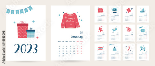 Monthly christmas hugge calendar 2023 template in trendy style, cover concept, set of 12 pages desk calendar, 2023 minimal calendar planner design for printing template