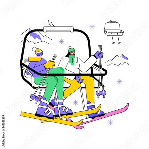 Ski lift isolated cartoon vector illustrations. Smiling people ride the funicular during winter holidays, have fun together on the ski lift, snowy weather, get extreme vector cartoon.