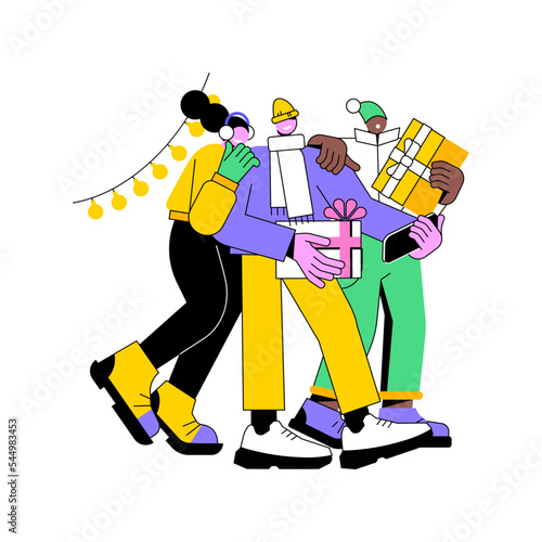 Get ready for a party isolated cartoon vector illustrations. Group of people take selfie with gifts, friends having fun, New Year celebration party, winter holidays entertainment vector cartoon.