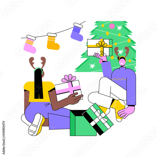 Giving presents isolated cartoon vector illustrations. Couple giving Christmas gifts to each other, friends having fun, winter holidays celebration, presents for special occasion vector cartoon.