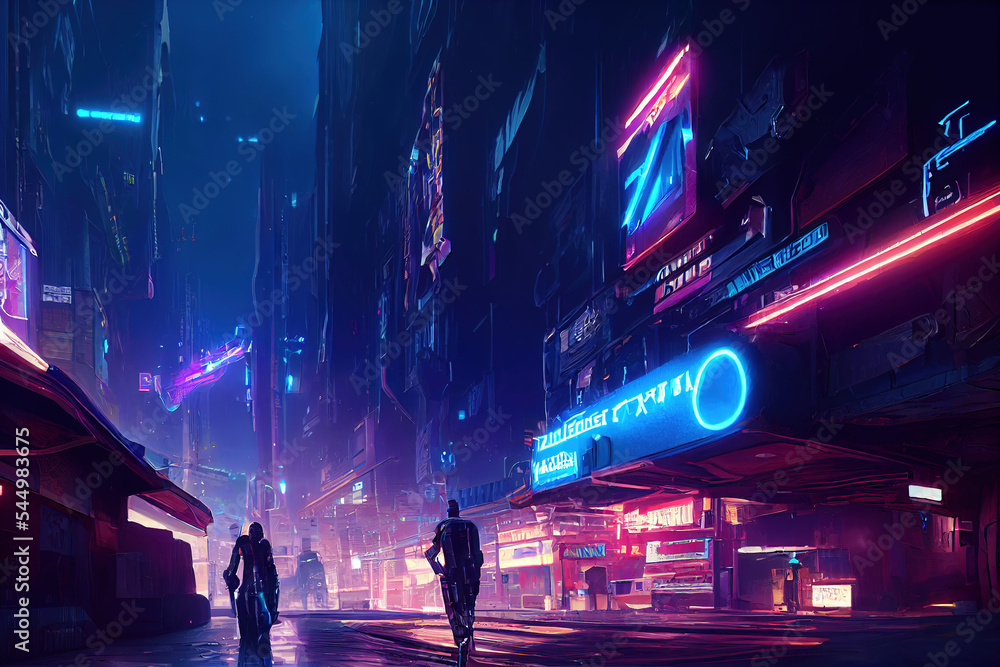 Cyberpunk city with skyscrapers, futuristic cyberpunk cityscape in the background, sci-fi, future city, neon signs, night city, glowing neon lights, dramatic light