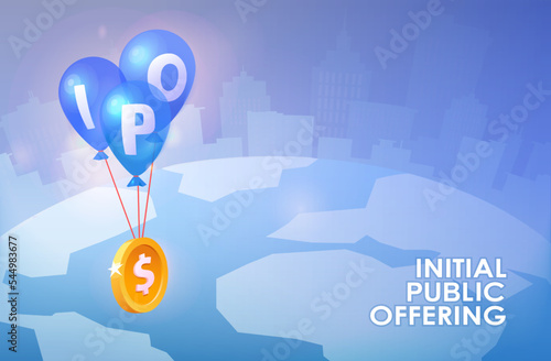 Isometric vector concept of IPO money raising. Initial public offering. Three blue IPO balloons raise a gold coin up.
