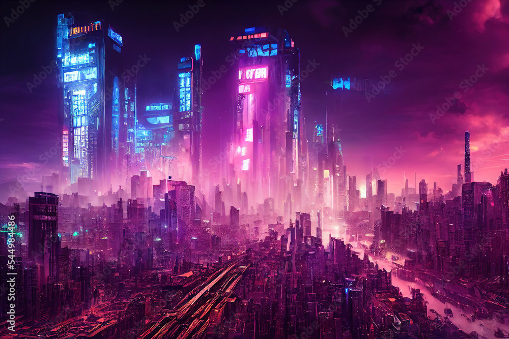Cyberpunk city with skyscrapers, futuristic cyberpunk cityscape in the background, sci-fi, future city, neon signs, night city, glowing neon lights, metropolis, digital painting, dramatic light