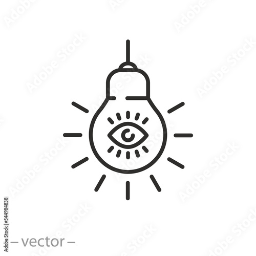 vision idea icon, light bulb with eye, creative look, thin line symbol on white background - editable stroke vector illustration eps10