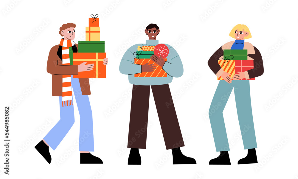 Group of diverse people holding christmas gift boxes. Vector flat illustration of happy men and women preparing presents for christmas and new year. Group of diverse people holding christmas gift boxes. Vector flat illustration of happy men and women preparing presents for christmas and new year.