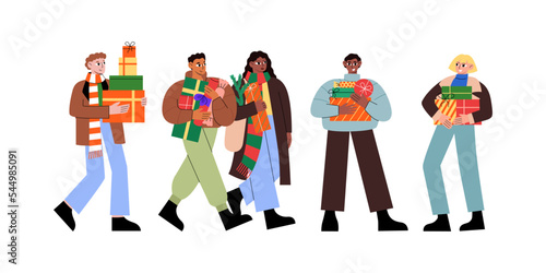 Group of diverse people walking with christmas gift boxes. Vector flat illustration of happy men and women preparing presents for christmas and new 