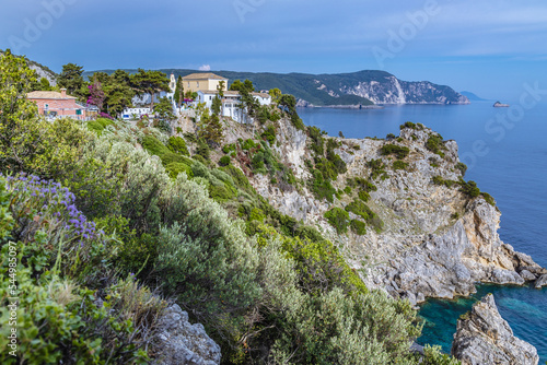 Aerial view with Monastery in Palaiokastritsa village, Corfu Island, Greece photo